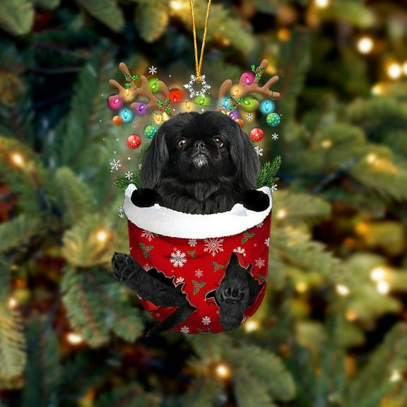 Acrylic 2D FLAT - Black Pekingese In Snow Pocket Christmas Ornament Flat Acrylic Dog Ornament - Holiday Tree Decoration