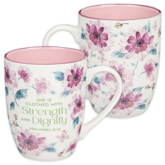 Christian Art Gifts Inspirational Ceramic Coffee & Tea Mug for Women: Strength & Dignity Encouraging Bible Verse Proverb, Microwave & Dishwasher Safe Drinkware, White, Pink & Fuchsia Floral, 12 oz.