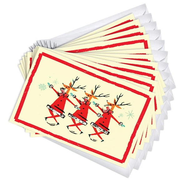 Dancing Reindeer Santas Vintage Retro Holiday Greeting Cards | 10 Pack Bulk Set (4x6)