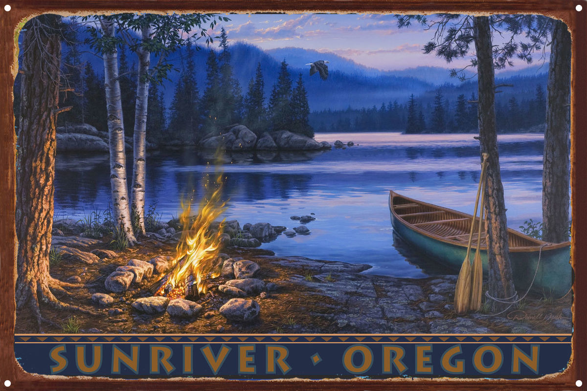 sunriver oregon lake canoe fire rustic metal art print by