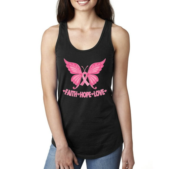 Wild Bobby, Butterfly Pink Ribbon Faith Hope Love, Breast Cancer Awareness, Women Racerback Tank Top, Black, Small