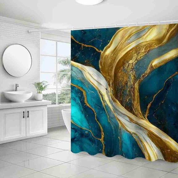 70x70 inch Teal and Gold Fluid Marble Shower Curtain, Waterproof Polyester Fabric with Hooks for Bathroom Decor