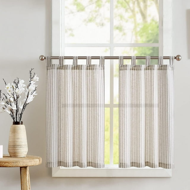 Tab Top Linen Kitchen Curtains 36 Inches Striped Tier Curtains Farmhouse Modern Cafe Style Small Window Treatments Airy Light Filtering Rod Pocket for Living Room Bathroom 2 Panels Taupe Grey
