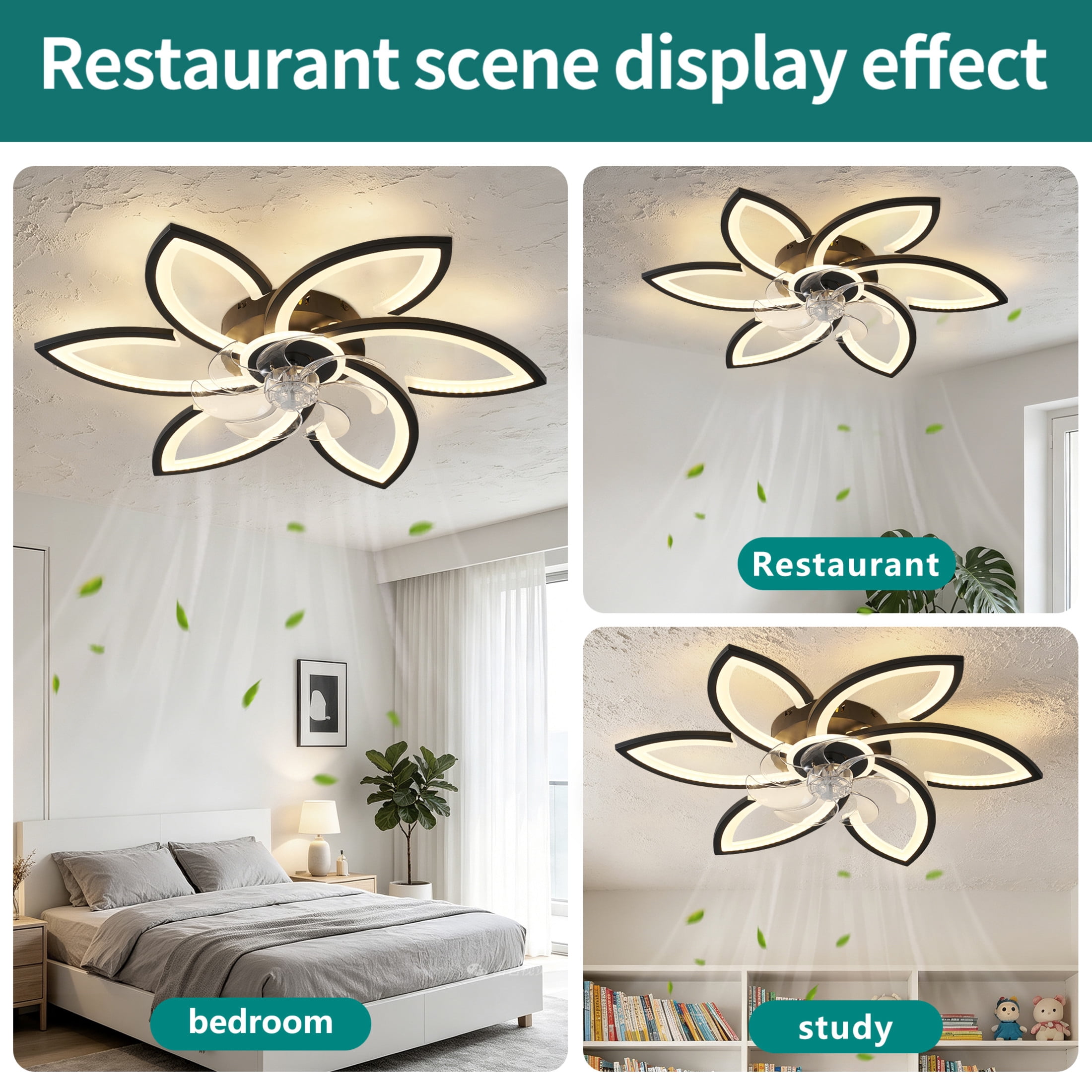 GDF Studio 6-Head Flower Ceiling Fan with LED Lights, Remote & App Control, Low Profile Fandelier for Home Decor, Black