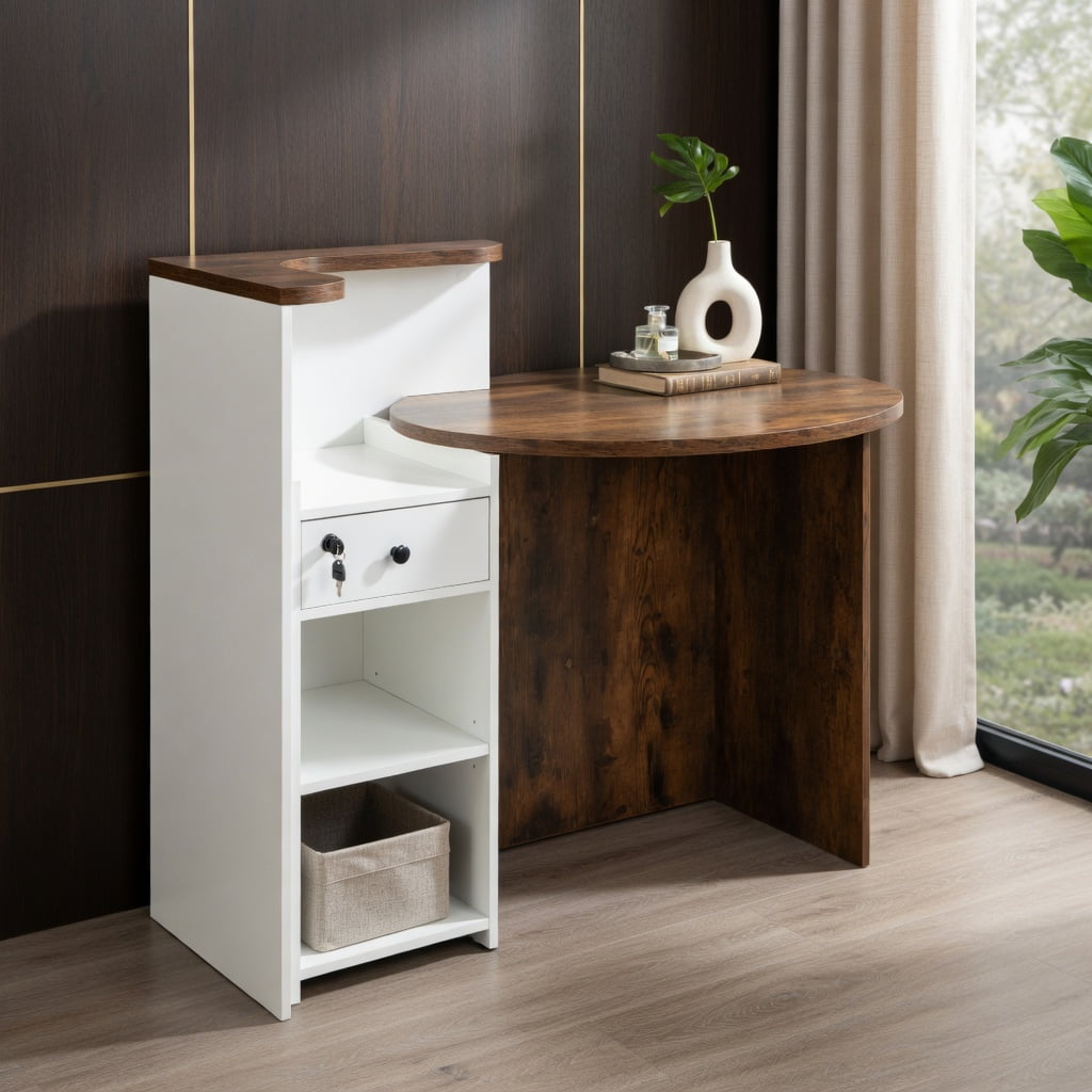 Kadyn Computer Corner Desk,Home Office Writing Worstation, Corner Table,Front Reception Office Desk with Open Shelf and Lockable Drawer-Brown & White