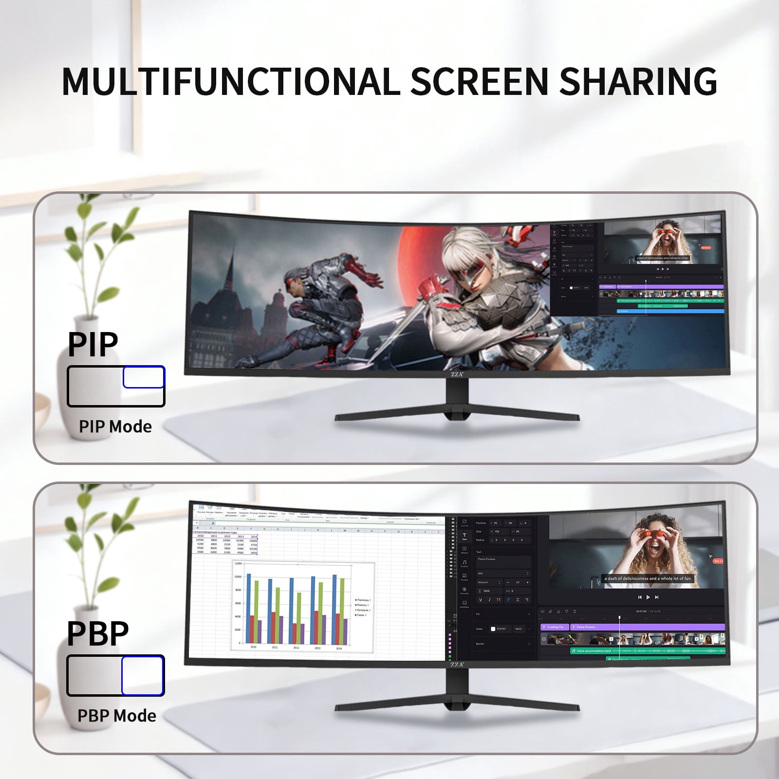 ZZA 49" Curved Gaming Monitor | 5120x1440 Dual QHD, 165Hz, 1500R, 32:9 Ultra-Wide, AMD FreeSync, 120% sRGB, Height Adjustable, HDMI 2.1 & DisplayPort 1.4, VESA Mount, Black