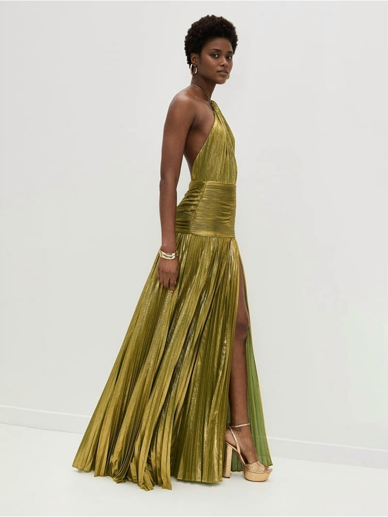 slim fit dress slacks Gold Satin Pleated Halter Open Back Simple Prom Bridesmaid Dress main image 1