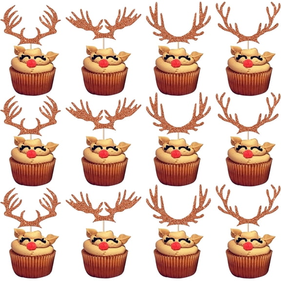 12PCS Rose Gold Glitter Reindeer Antlers Cupcake Toppers, Christmas Party Decorations