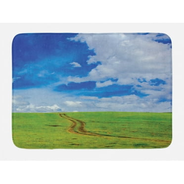 Country Bath Mat, Earth Path Road on Grass Field Plateau Rural Countryside View with Clouds Image Print, Non-Slip Plush Mat Bathroom Kitchen Laundry Room Decor, 29.5 X 17.5 Inches, Blue, Ambesonne