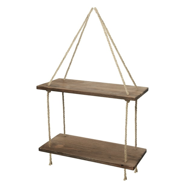 Wall Hanging Floating Shelf w/ Hooks 2 Tier Rope Swing Mounted Wood