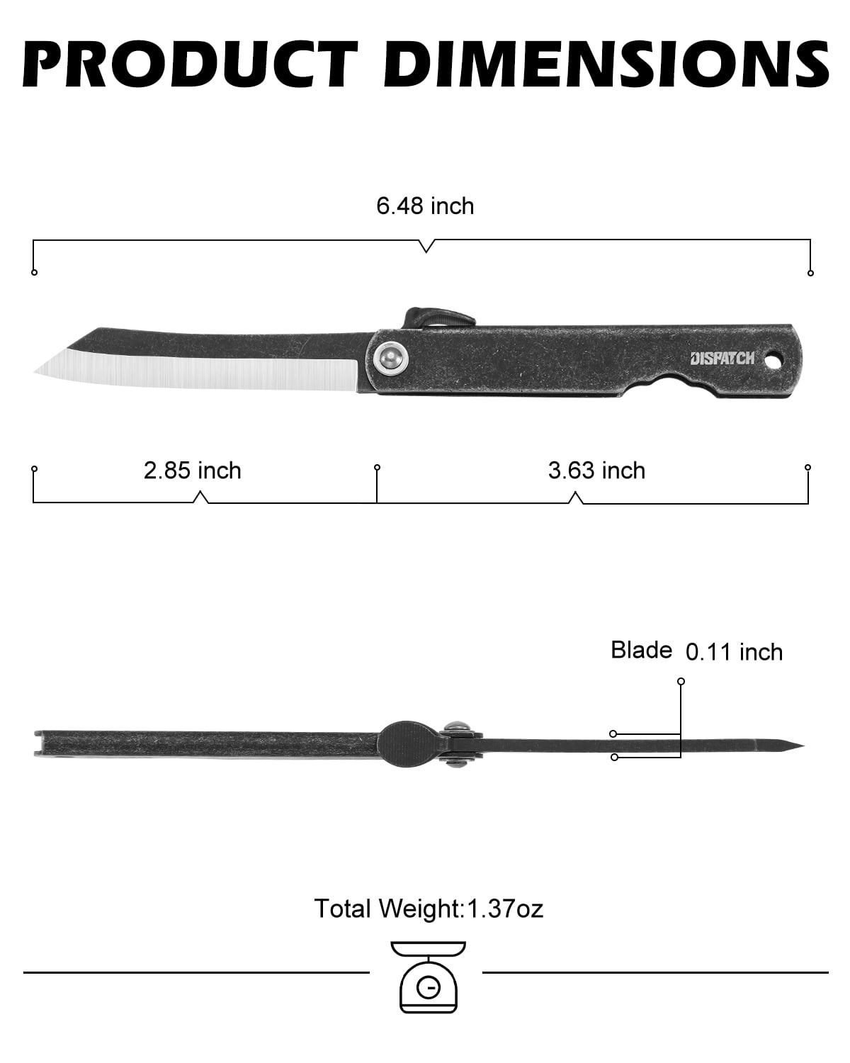 Dispatch 3.6'' Lockless Folding Pocket Knife, 7Cr Blackened Stone-Washed Blade, Stainless Steel Blackened Stone-Washed Handle with Black PU Sheath