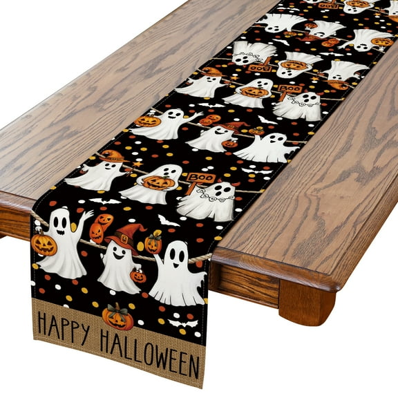 YIBAGA Halloween Table Runner, Ghosts Pumpkins Bats BOO Tableware Home Indoor Decor, 13x72 inch, Polyester