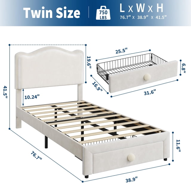 Kojooin Upholstered Kids Bed Frame, Toddler Platform Bed with Headboard and Storage Drawer, No Box Spring Needed