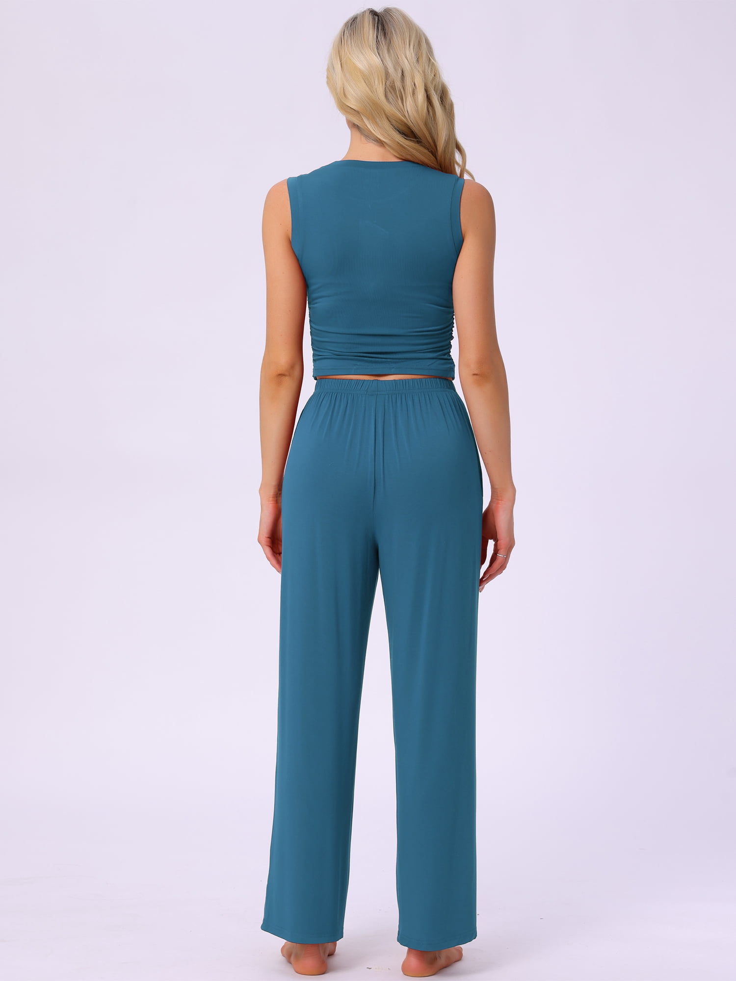 DARING DIVA LoungeStretchy Side Ruched Crop Top Tank Pajama Set XS Blue