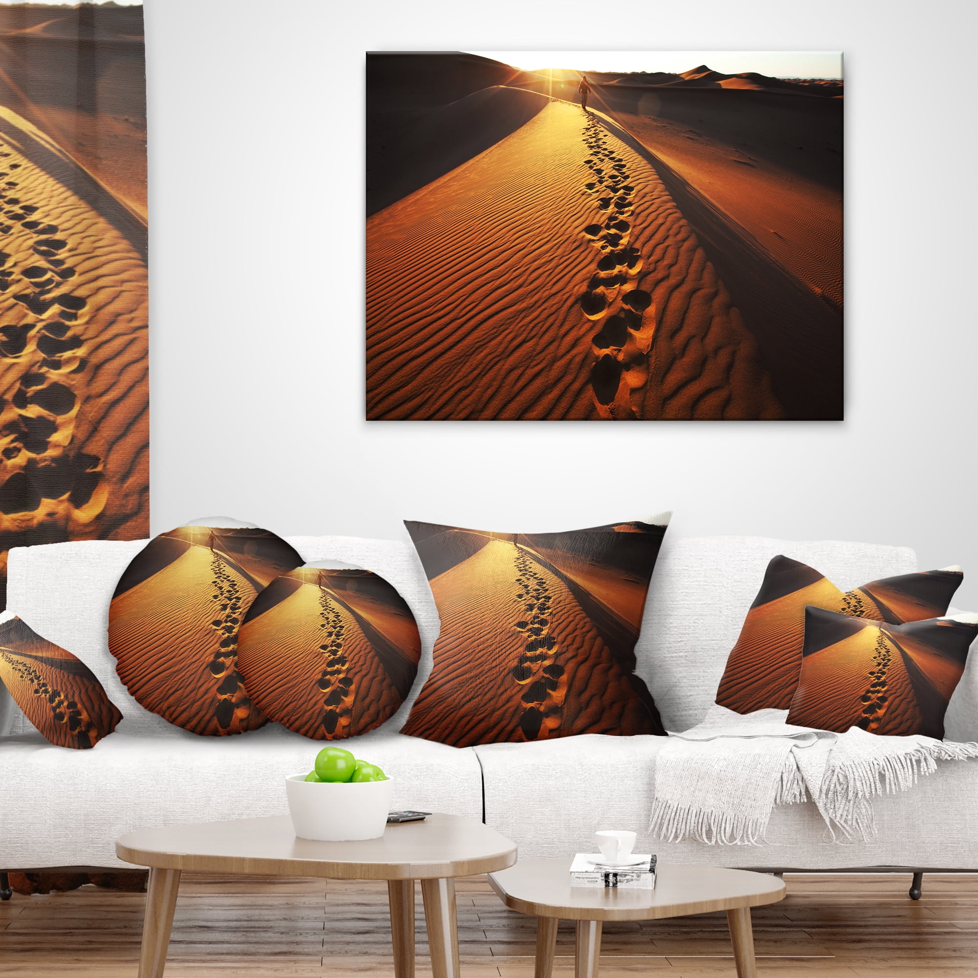 Designart Hikers Footprints in Namib Desert - Landscape Printed Throw Pillow - 18x18