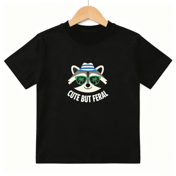 Cute But Feral Boys Graphic Tee, Summer Vacation Raccoon 100% Cotton Kids Short Sleeve T-Shirt