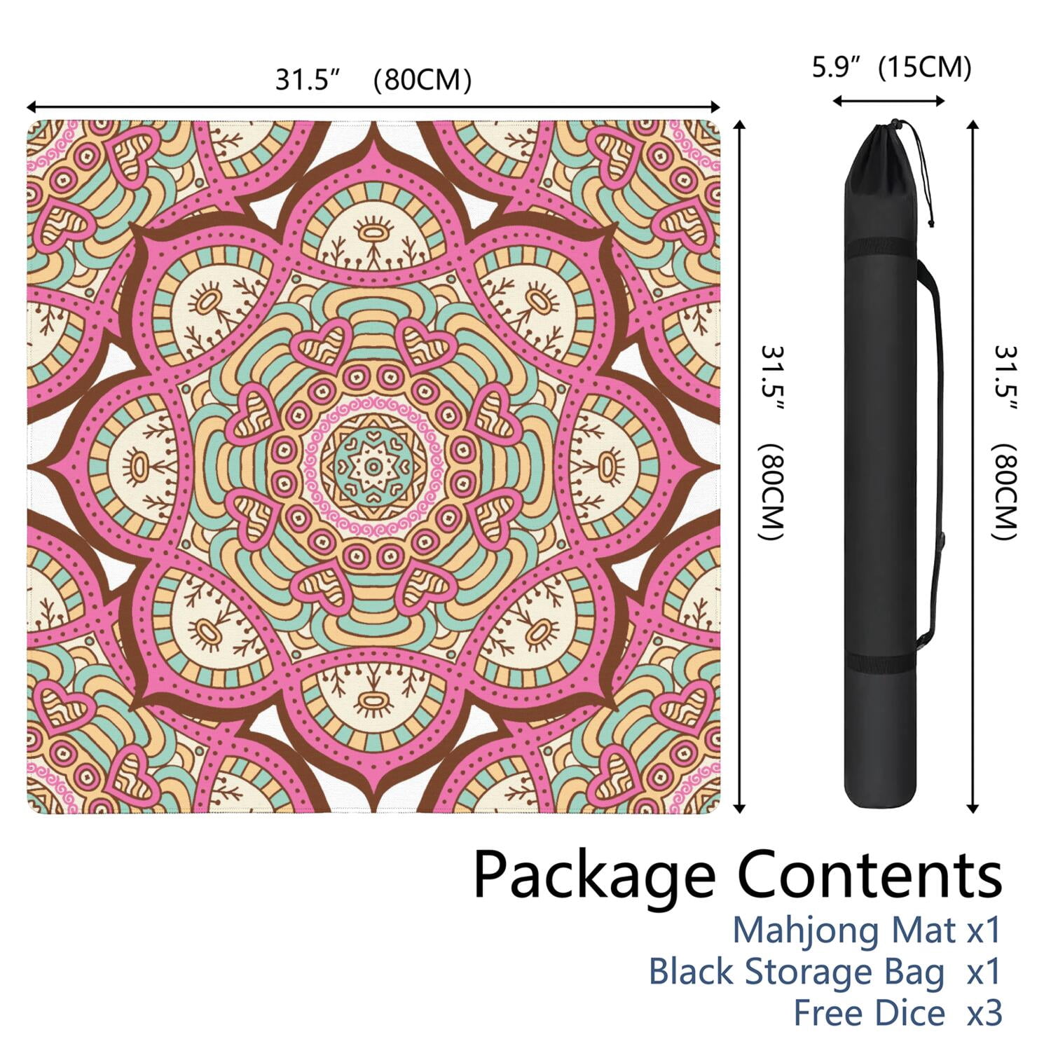 Mandala Mahjong Mat for Table, 31.5*31.5in Anti Slip American Mahjong Table Cloth, Noise Reduction, Neoprene Mah jongg Mat with Carrying Bag & 3 Dices, Mahjong Accessories Gift, Board Tile Games Mats