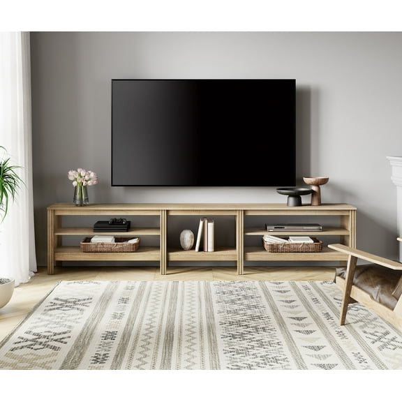 Fitueyes 94" Mid-Century Modern TV Stand for 85-100" TVs, Home Entertainment Center with Open Shelves for Living Room, Oak