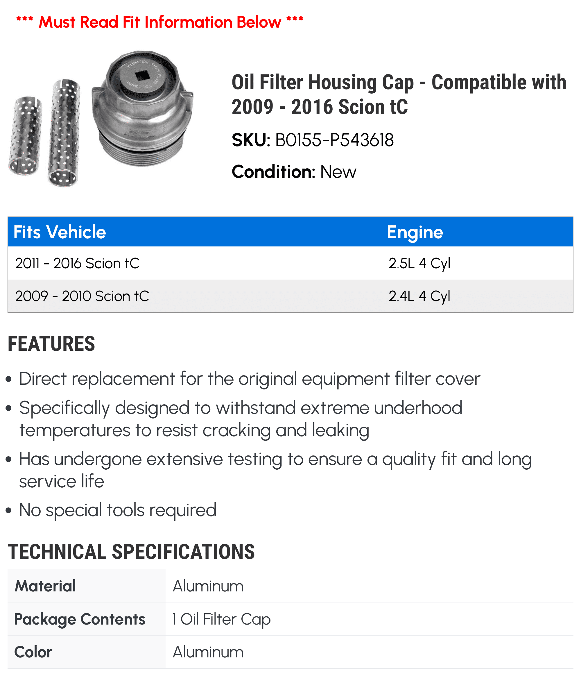 Oil Filter Housing Cap - Compatible with 2009 - 2016 Scion tC - Dorman