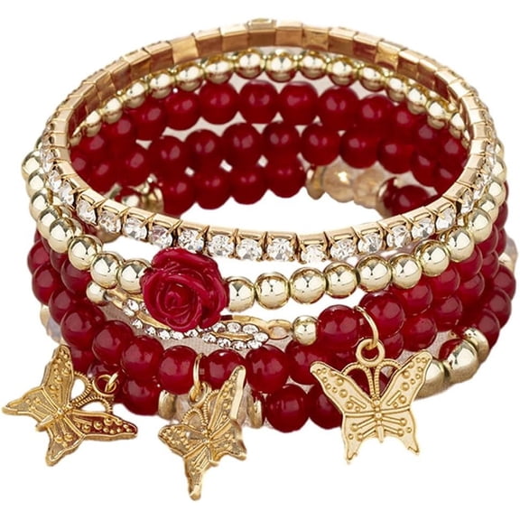 4 Pcs Cute Butterfly Charm Bracelets Set Gold Beaded Stackable Stretch Bracelets Bohemian Summer Jewelry Gifts for Women