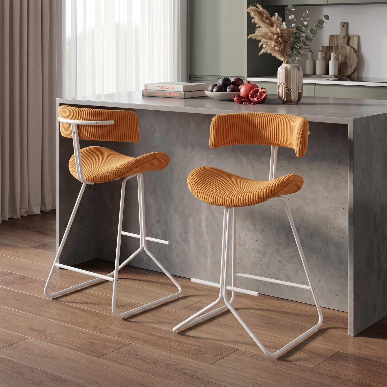 Furnibear Set of 2 Counter Height Bar Stools 25 Inch Armless Barstools with Padded Corduroy Seat and Footrest for Kitchen Island Dining, Orange