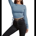 thumbnail image 2 of Camisa Corta de Cuello Redondo, Larga y Cordón Lateral para Mujer, Ajustada, Acanalada Gris XL, 2 of 7