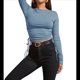 thumbnail image 2 of Camisa Corta de Cuello Redondo, Larga y Cordón Lateral para Mujer, Ajustada, Acanalada Gris S, 2 of 7