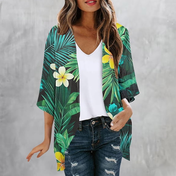 NTACZA Tropical Floral Womens Cardigans Lightweight Open Front 3/4 Sleeve Flowy Hawaiian Kimono Relaxed Coverups Beachwear Multicolor
