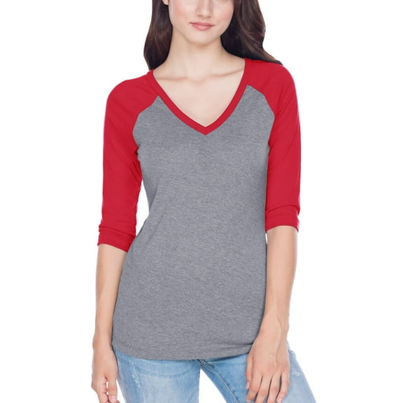 Kavio! Junior Sheer Jersey Contrast V Neck Raglan 3/4 Sleeve Dark H.Gray/Red L