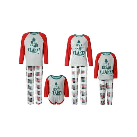 

AMILIEe Christmas Family Pajamas Set Letter Print Long Sleeve O-neck T-shirt+Plaid Print Trousers/Romper