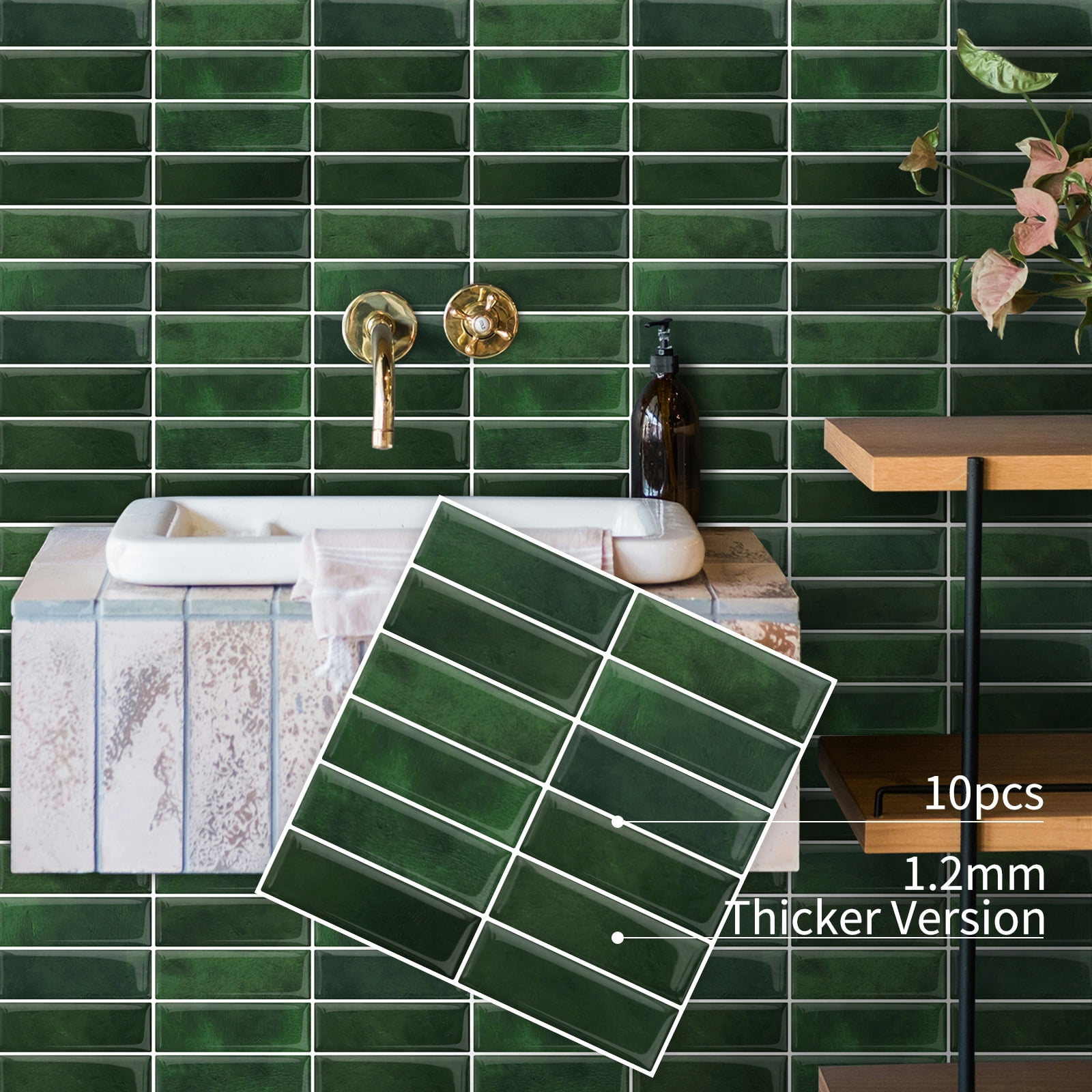 DEWOO Peel and Stick Backsplash - 10 Sheets of 12"×12" - 3D Adhesive Peel and Stick Tile Backsplash for Kitchen, Bathroom, Wall Tile, Emerald Green