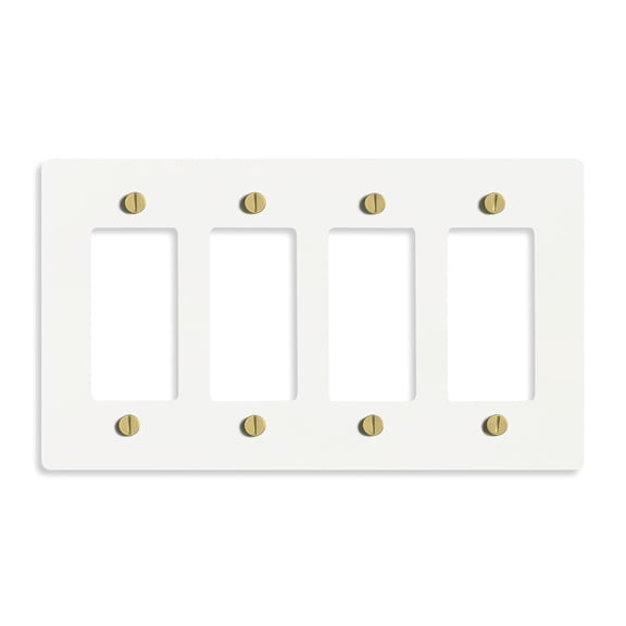 SELECT 4-Gang Solid Brass Wall Plate Cover, White Finish w/ Brass Accessories, Electrical Receptacle Outlet Faceplate, GFI/Rocker Decorator Light Switch Cover