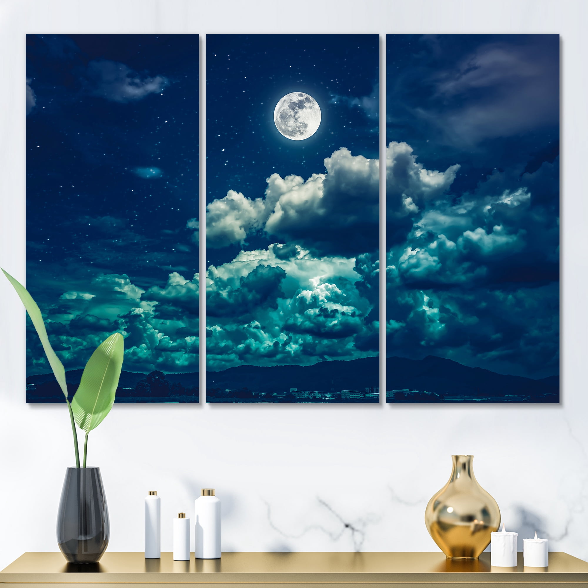 Designart ' Full Moon Night in Cloudy Sky II ' Nautical & Coastal Canvas Wall Art Print
