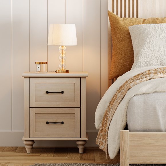 WAMPAT Farmhouse Nightstand, Bedside Table, Sofa End Table with Charging Station, USB Ports, Power Outlets, 2 Drawers, for Bedroom, Living Room, Light Oak
