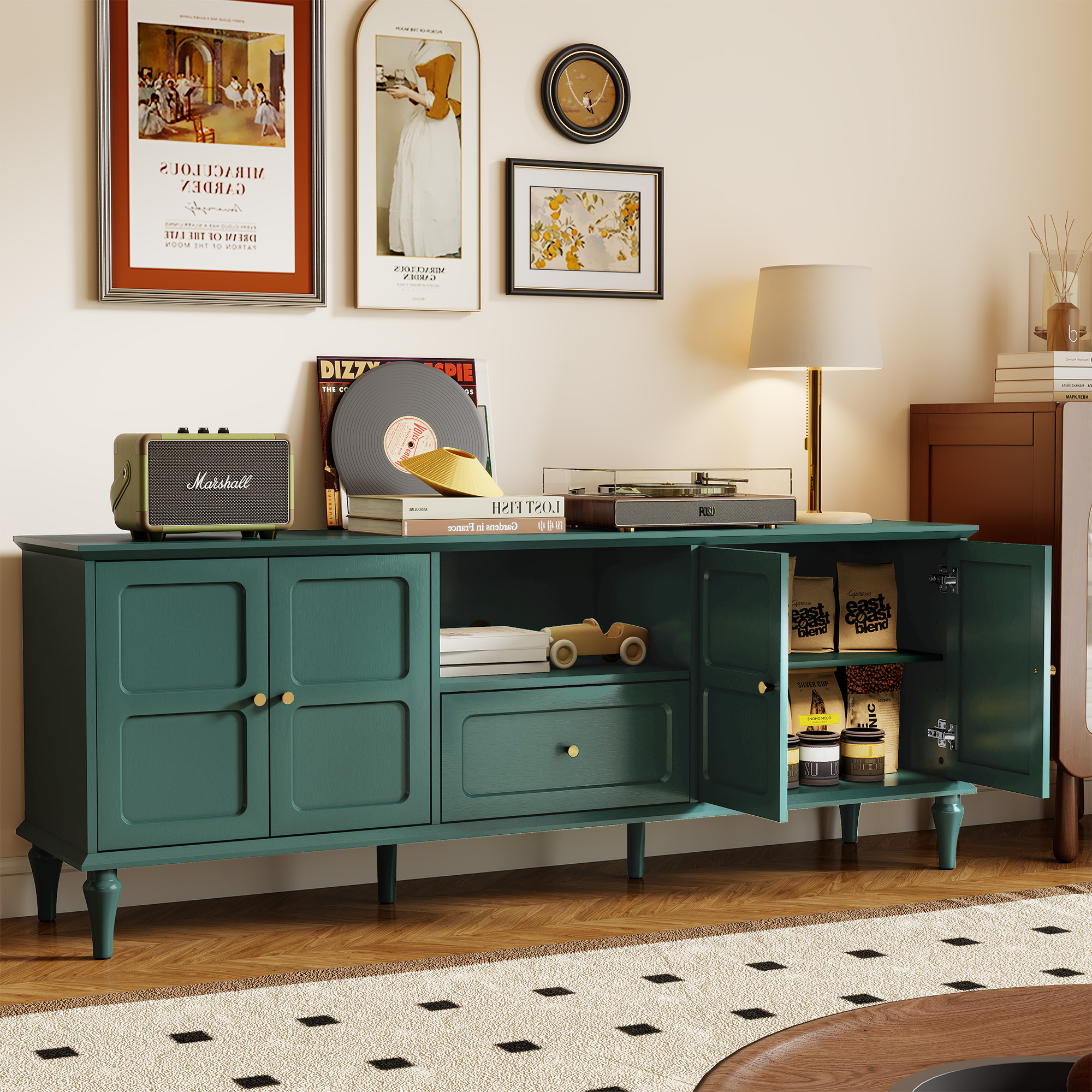 67" Mid-Century TV Stand for TVs up to 75 " , Retro Entertainment Center with Storage Cabinets and Drawers, Green