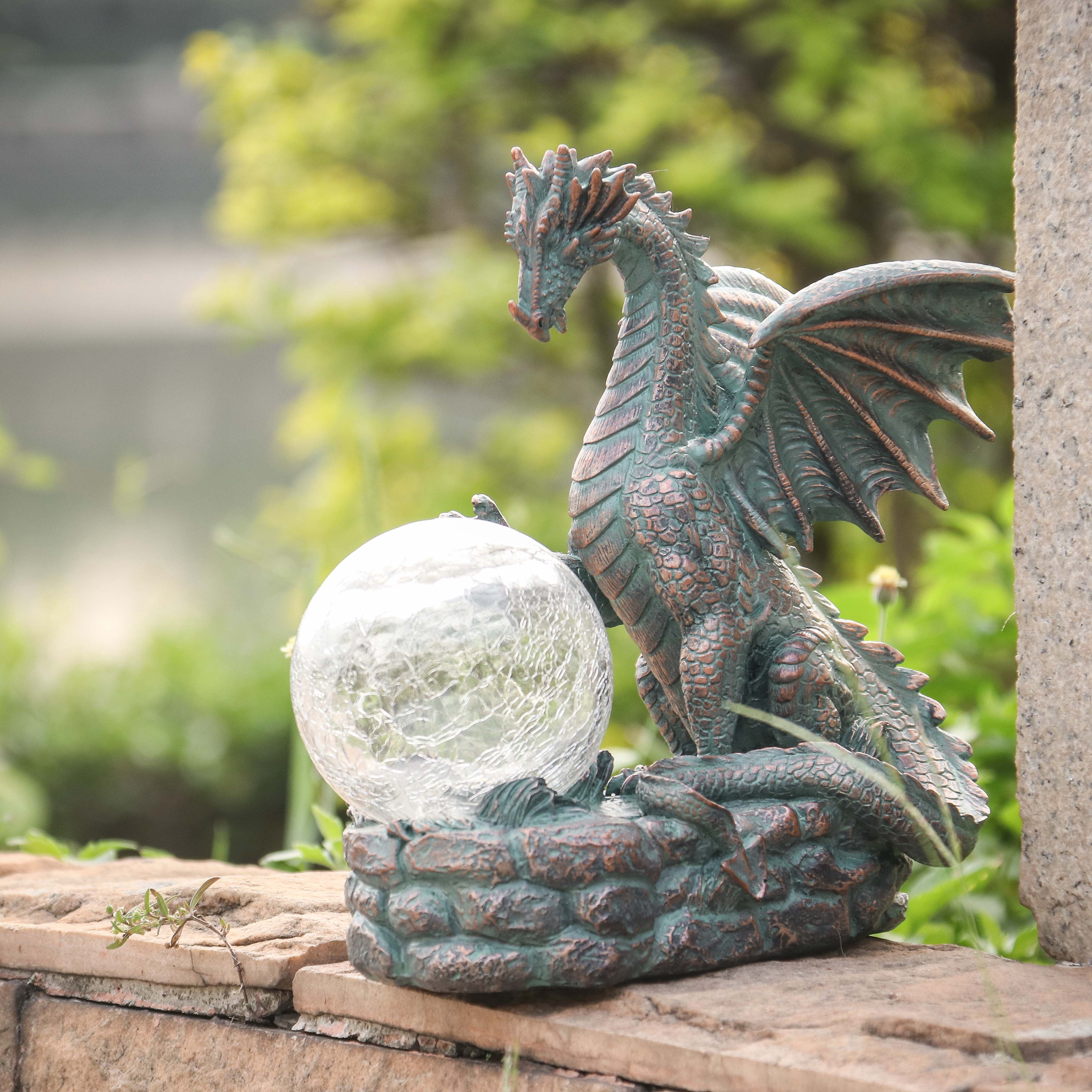TERESA'S COLLECTIONS 8" Solar Dragon Garden Statue, Resin Gothic Sculpture & Figurine for Patio Lawn Decor