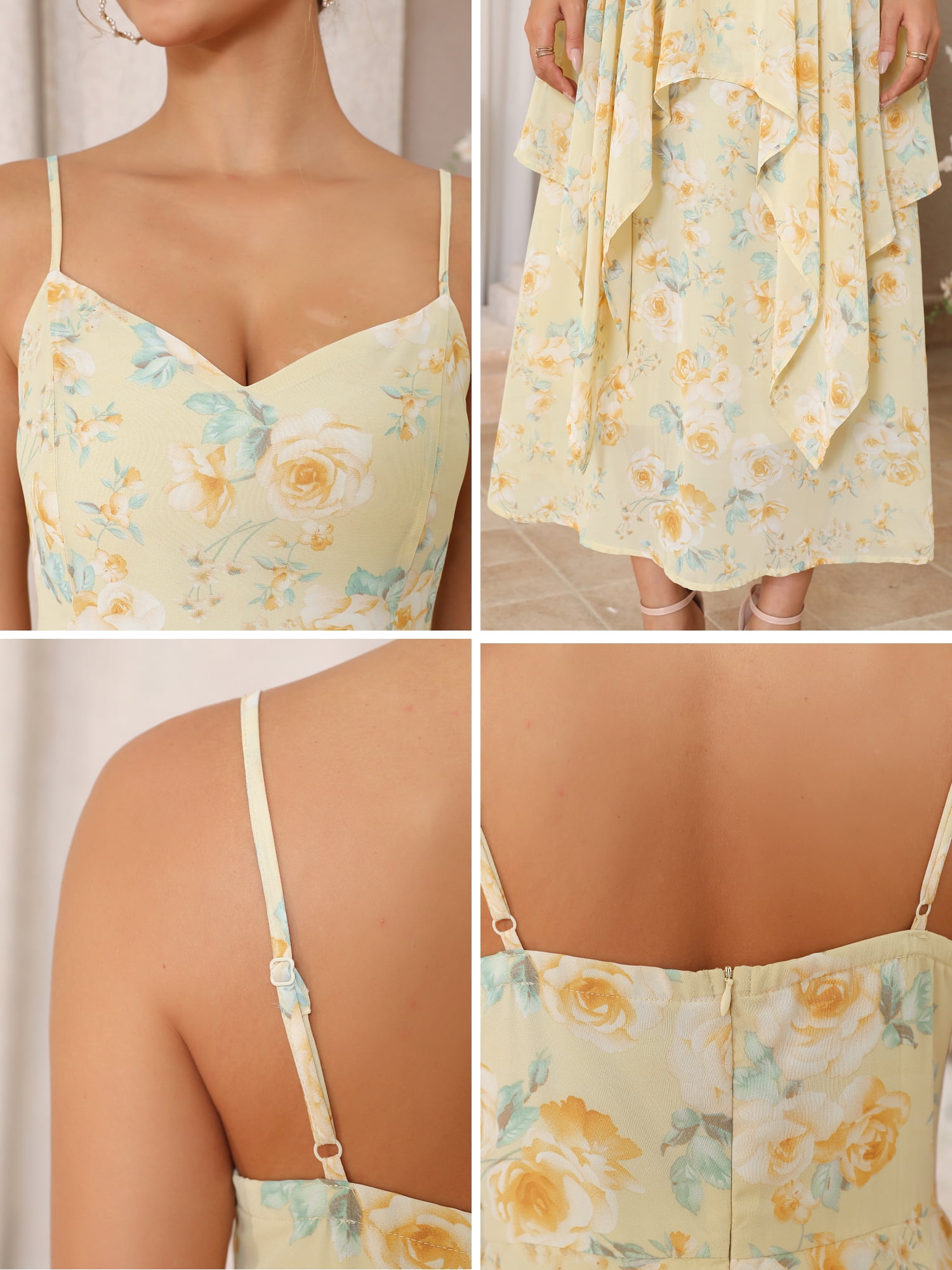 DARING DIVA Women's Easter Floral Chiffon Ruffles Tiered Spaghetti Strap L Light Yellow
