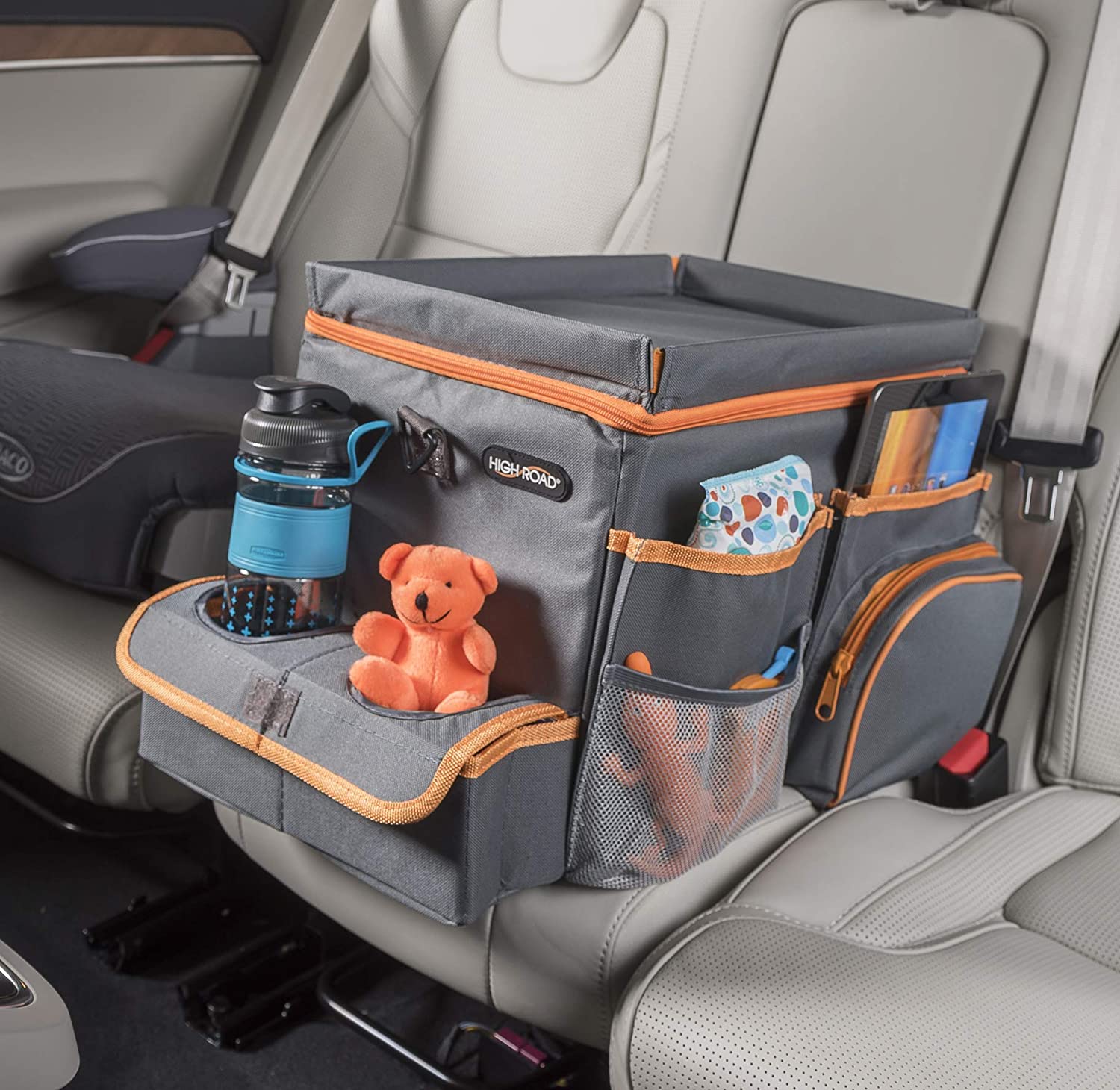 Car Organizer for Kids with Cooler and Snack Tray (Gray)
