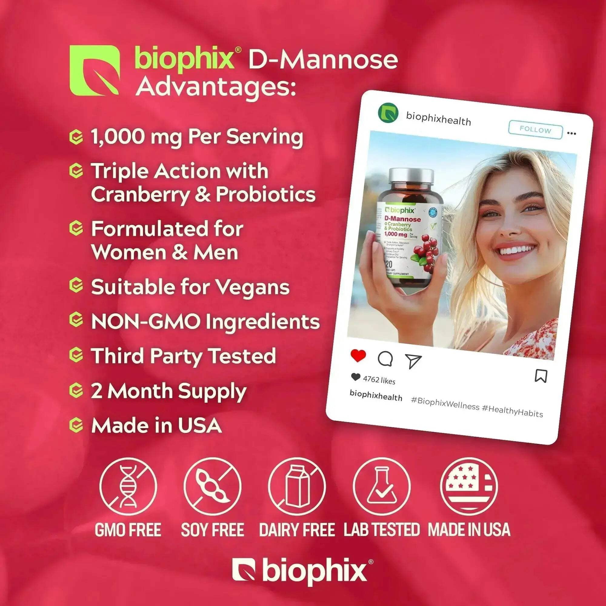 Biophix D-Mannose with Cranberry & Probiotics 1000mg - 120 Vcaps 2 Pack for Urinary Tract Health
