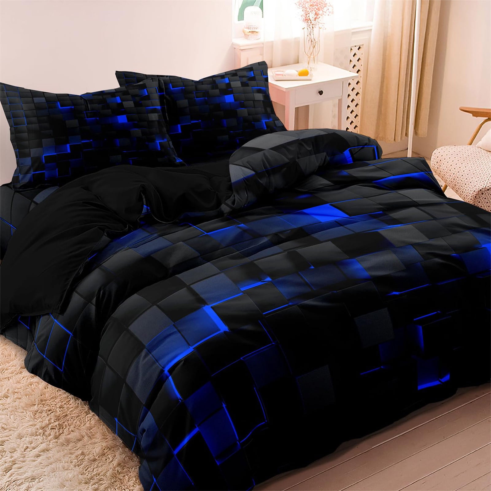Taotanxi Blue and Black 3-Piece Full Size Light Geometric Comforter Set for Kids Boys Girls Geometry Decor Comforter Modern Style Duvet Set,x1 Quilt Cover, x2 Pillowcases
