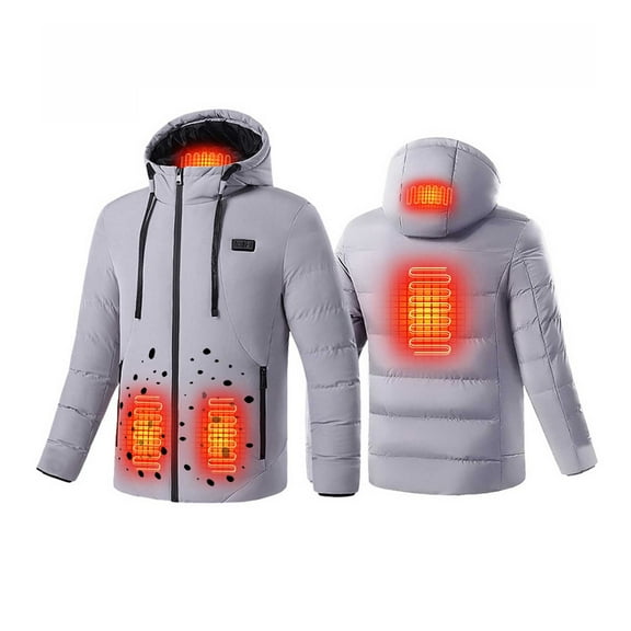 qucoqpe Heated Jacket with Hood (Unisex), 4 Heat Zones, USB Intelligent Constant Temperature, Winter Outdoor Waterproof Windproof Heated Coat for Women and Men (Battery Not Included)