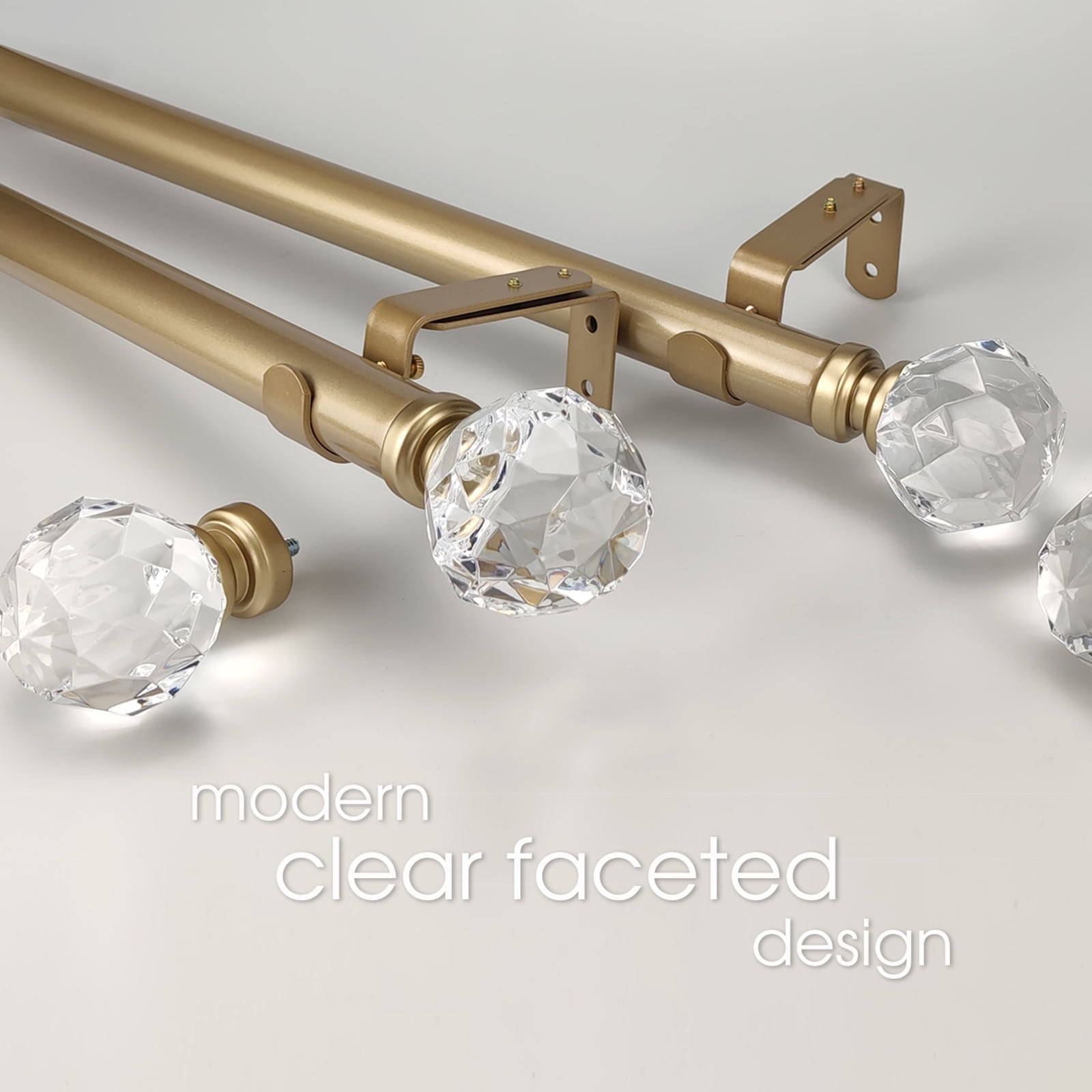 SKYPLUS LIVING 1-1/8 in Single Window Curtain Rod with Crystal Finial Set,Adjustable72-144'' in,Gold