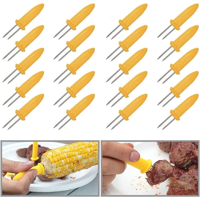 Paquete de 10 soportes para maíz, soportes para maíz de acero inoxidable, brochetas de mazorca de maíz, dos dientes, mangos de maíz, soportes para parrilla, palillos de maíz para brochetas de kebab,