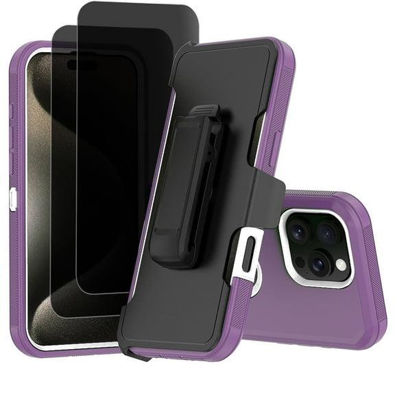 Hotpom Case for iPhone 16 Pro Heavy Duty Shockproof Dustproof Phone Case with Privacy Screen Protector Tempered Glass & Belt Clip, Purple/ White