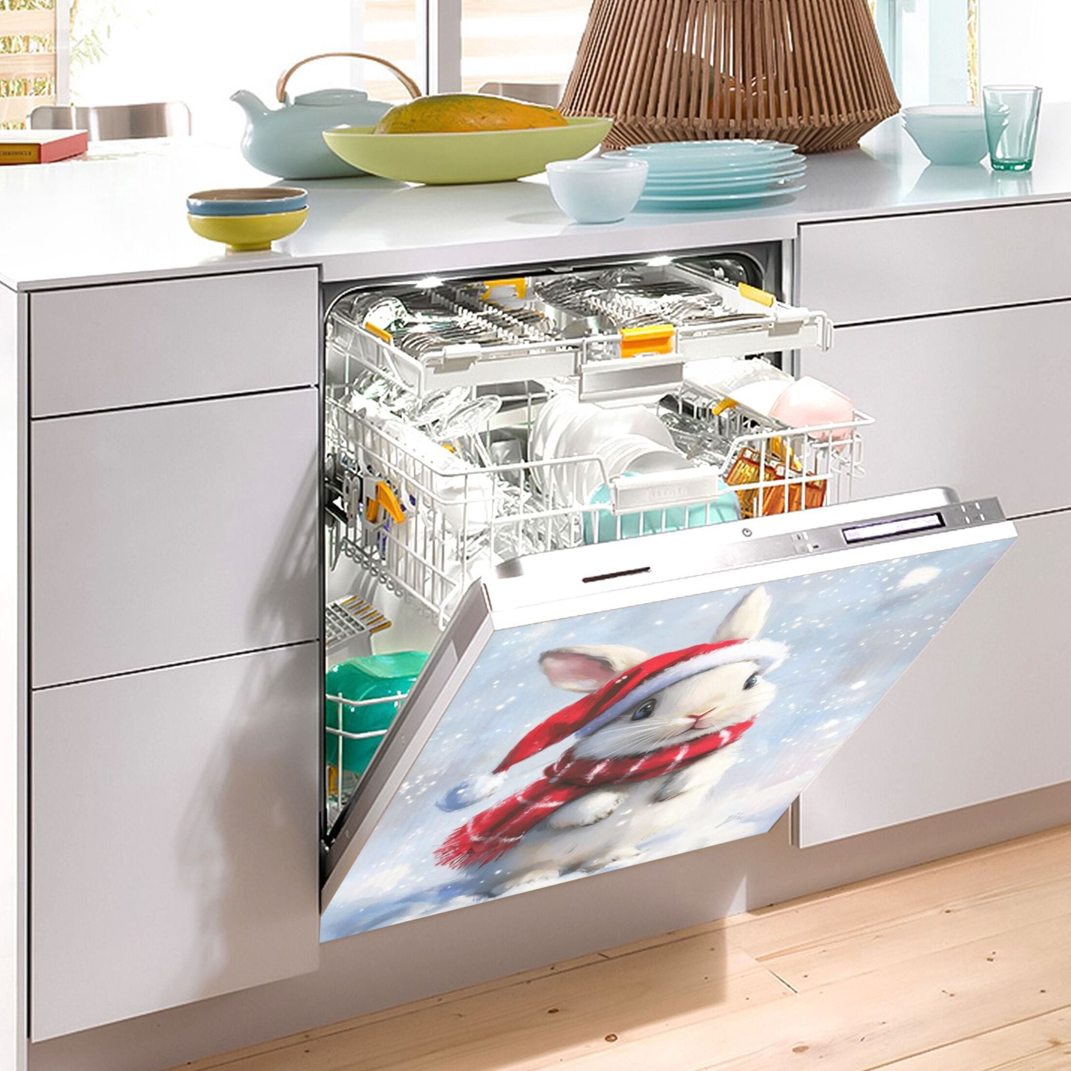 Dishwasher Magnetic Sticker 23x26 Inch Refrigerator Magnetic Sticker Washing Machine Magnetic Sticker Kitchen Panel Magnetic Sticker Home Decor Cute White Christmas Bunny