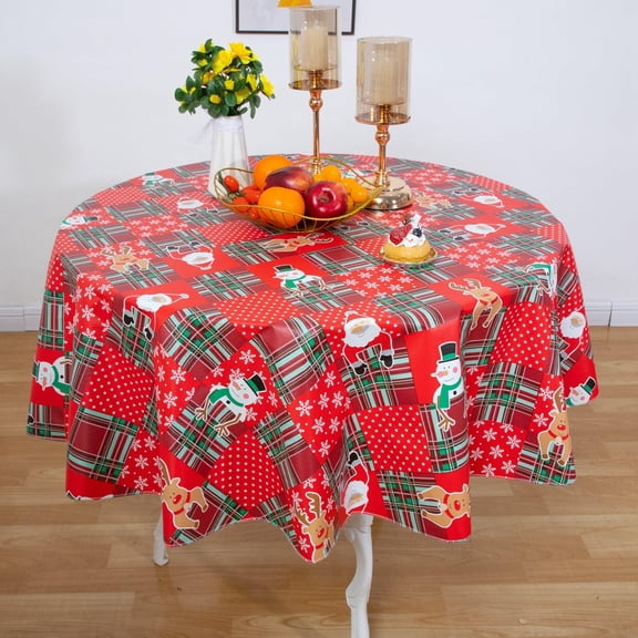 Cosiblend 60'' Christmas Table Cloth Waterproof Vinyl Tablecloths with Flannel Backing for Round Tables Wipeable Spillproof Plastic Tablecloth for Party Indoor and Outdoor