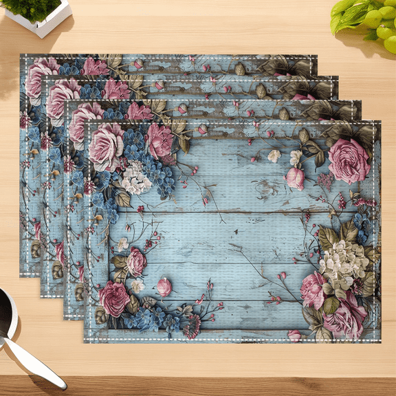 4pcs Vintage Floral Table Mats, 12x18 Inch Rectangular Dining Decor with Pink Roses & Blue Floral Design, Machine Washable - Ideal for Elegant Dining Settings