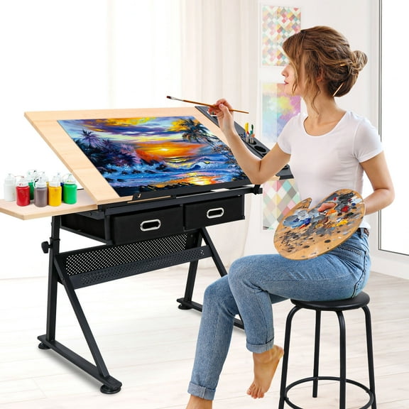 XgoodX Drafting Table Drawing Arts Craft Desk Tabletop w/Stool and 2 Drawers Adjustable