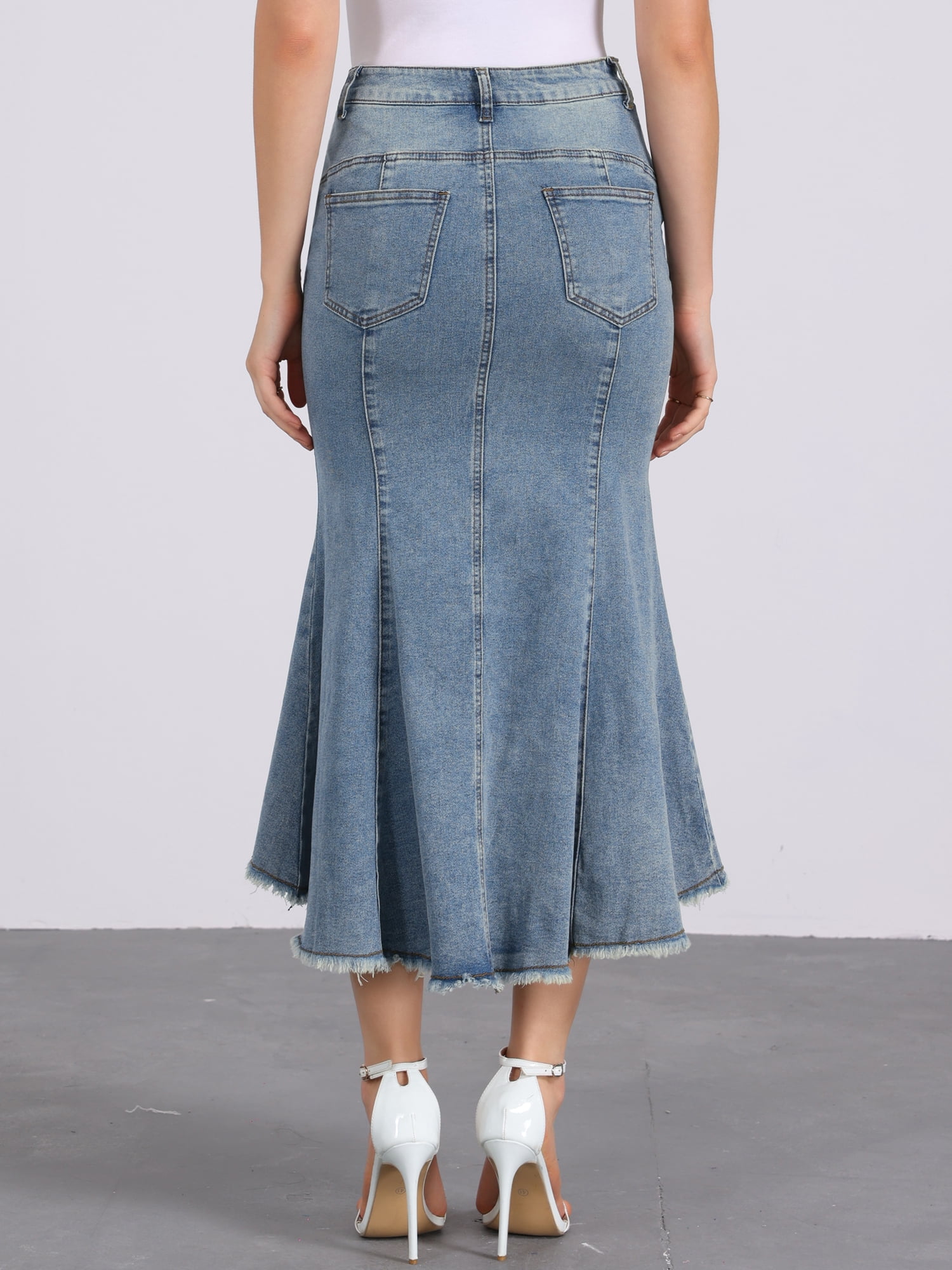 DARING DIVA Women's Raw Hem Fishtail Midi Skirt with Pockets XL Grey Blue