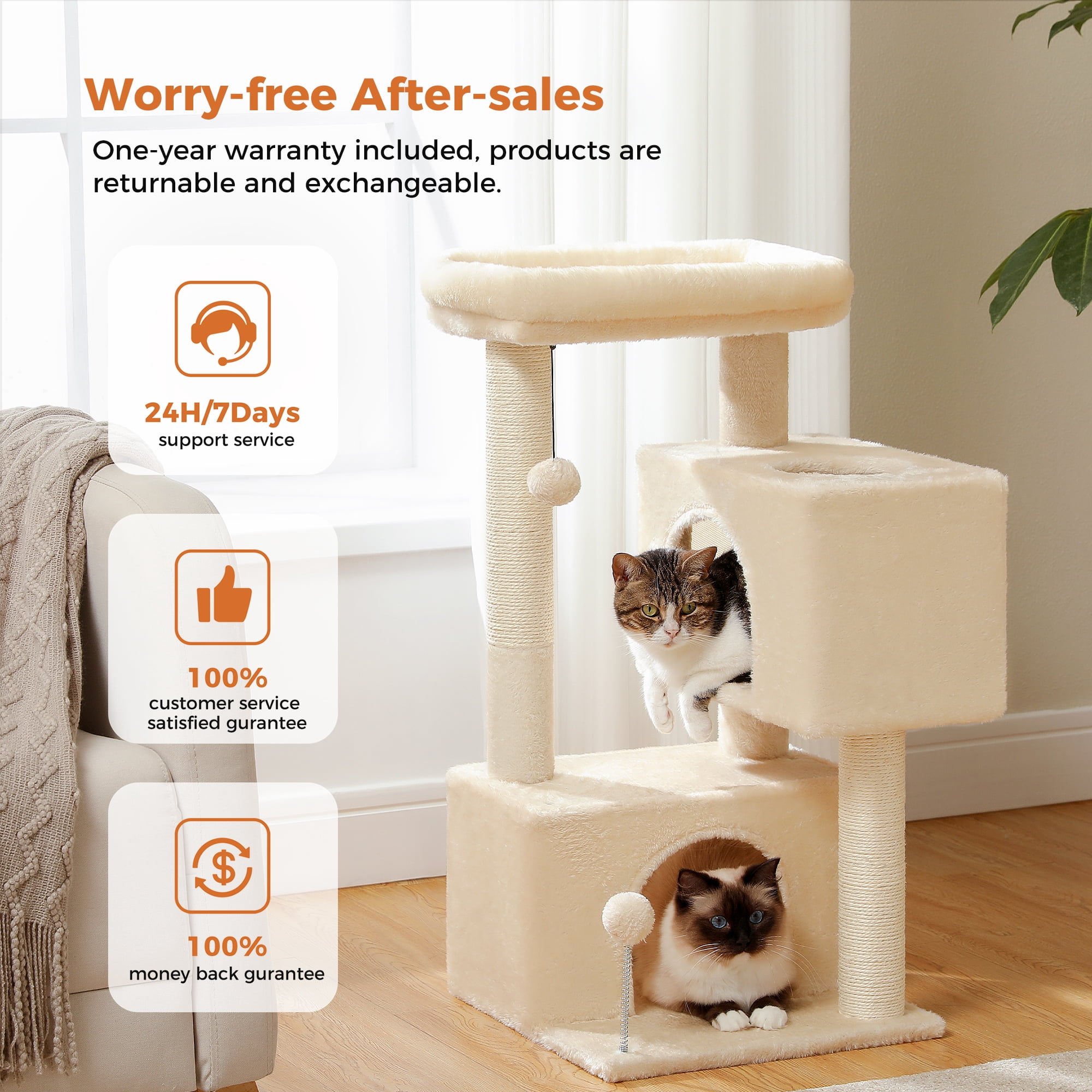 PEQULTI 31.5" Modern Cat Tree Tower with Dual Large Condos for Kitten ＆ Medium Size Cat Beige
